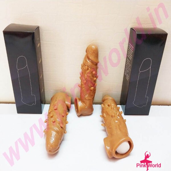 Long Dotted Stretchable & Reusable Silicone Dragon Condom- Chocolate.