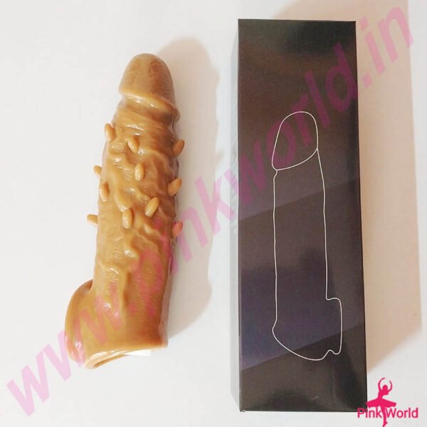 Long Dotted Stretchable & Reusable Silicone Dragon Condom- Chocolate. - Image 2