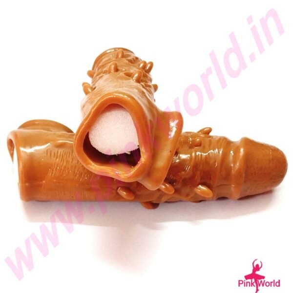 Long Dotted Stretchable & Reusable Silicone Dragon Condom- Chocolate. - Image 7